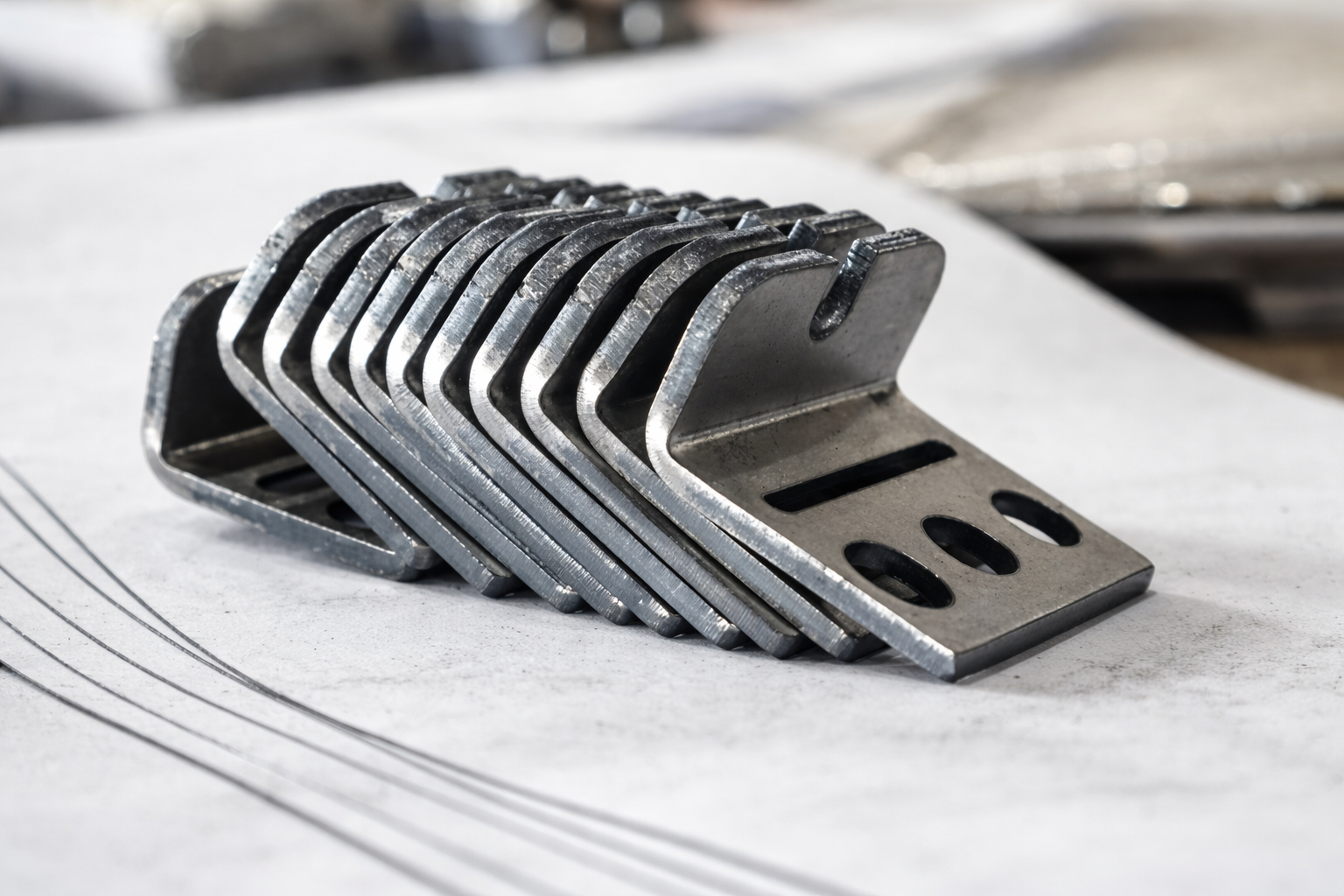 Stapels metalen beugels op werkbank